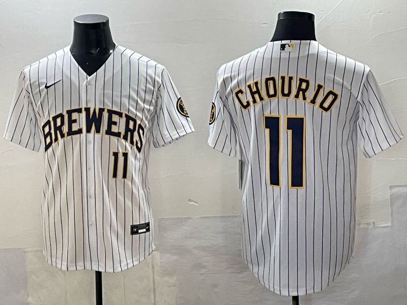 Men Milwaukee Brewers #11 Chourio White Stripe Nike MLB 2025 Jersey 06->milwaukee brewers->MLB Jersey